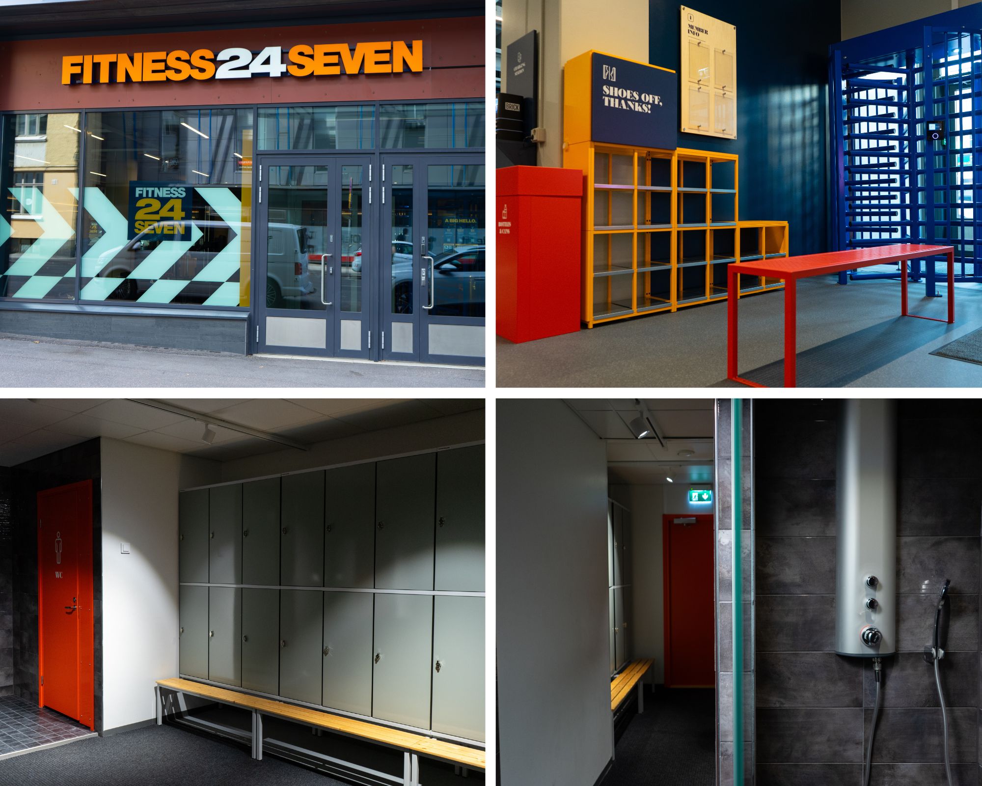 Fitness24Seven Lahti Rauhankatu. Kuntosalin sisäänkäynti, eteinen ja suihkutilat.