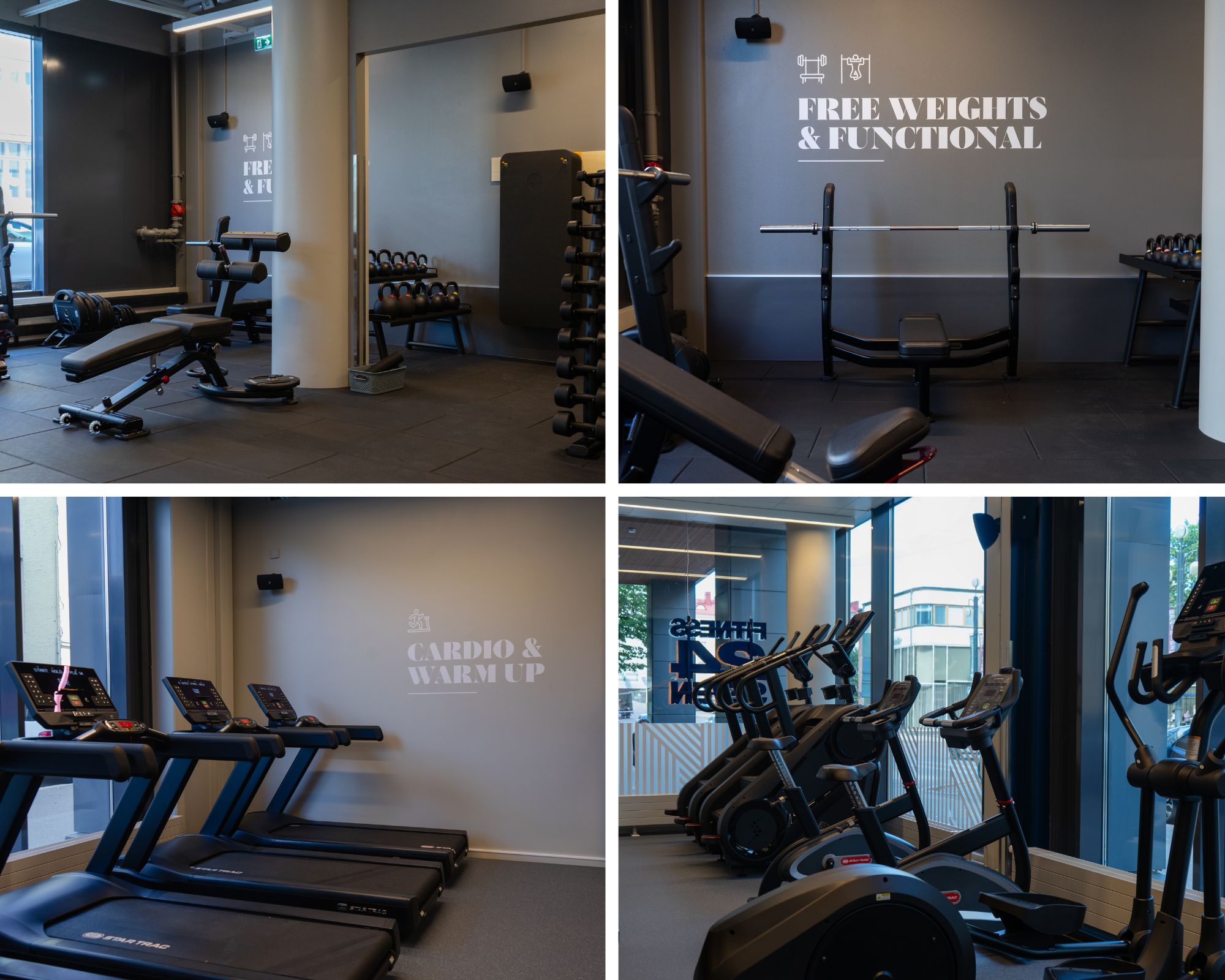 Fitness24Seven Lahti Rauhankatu. Kuntosalin vapaapainoalue ja cardio-laitteet.